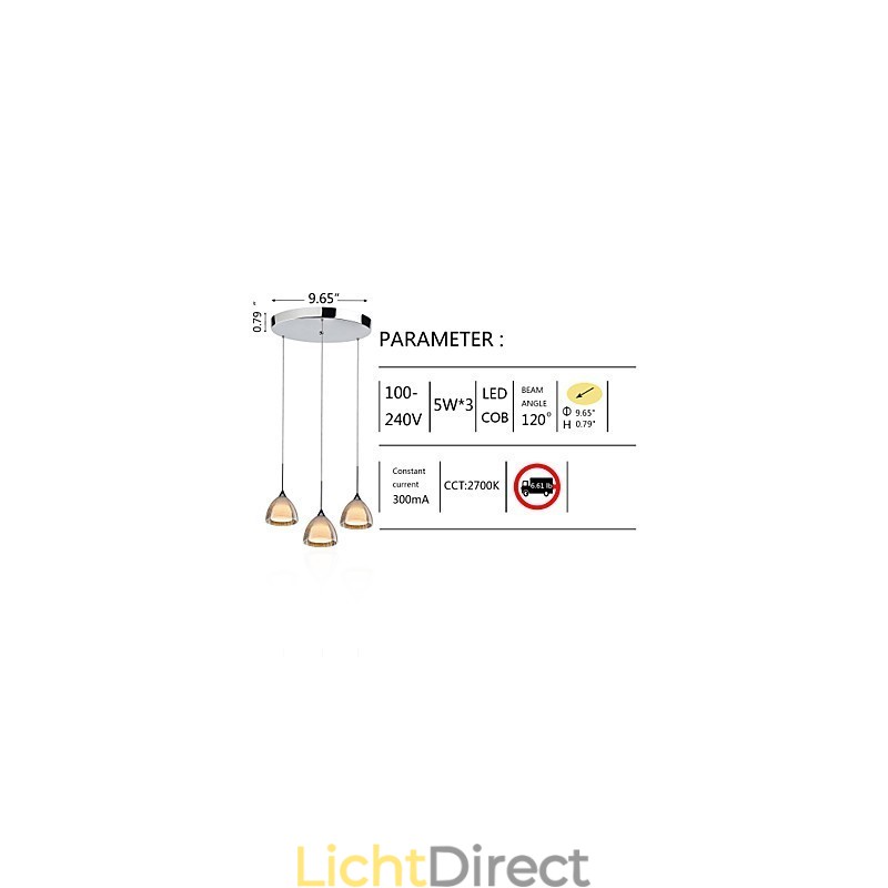 3-lichts hanglamp met twee lagen, gebarsten glas, gepolijst chroom
