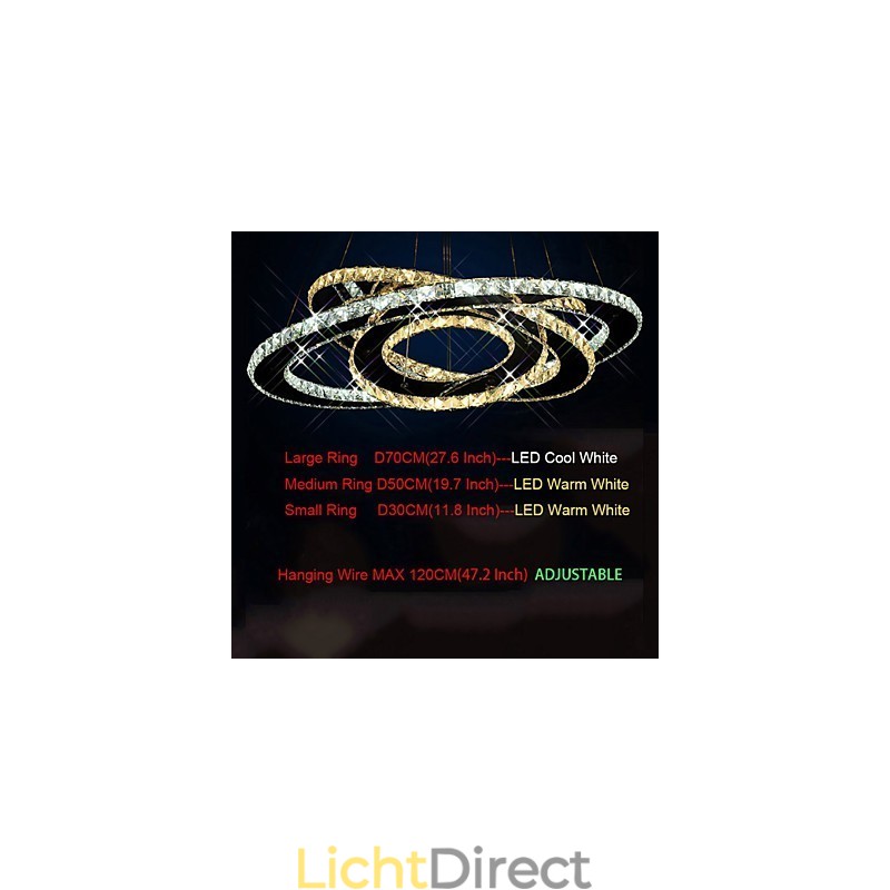 Kristallen hanglamp plafond kroonluchter verlichtingsarmaturen met warm en koel wit 3 ringen