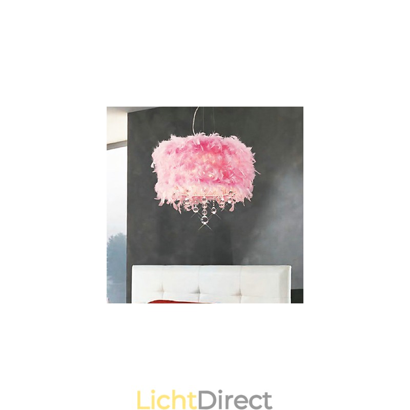 Kristallen hanglamp met 5 lampen in roze verenkap