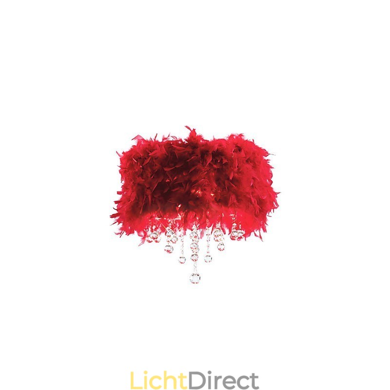 Kristallen hanglamp met 3 lampen in rode verenkap