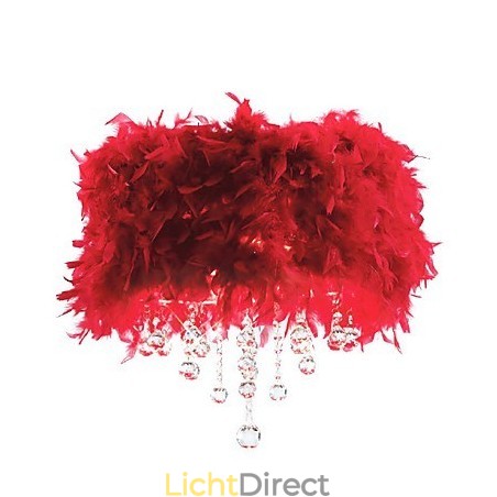 Kristallen hanglamp met 3 lampen in rode verenkap