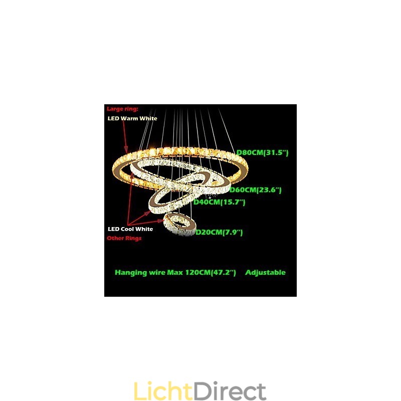 Kristallen hanglamp plafond kroonluchter K9 helder kristal rond 4 ringen grote ring (warm wit) anders (koel wit)