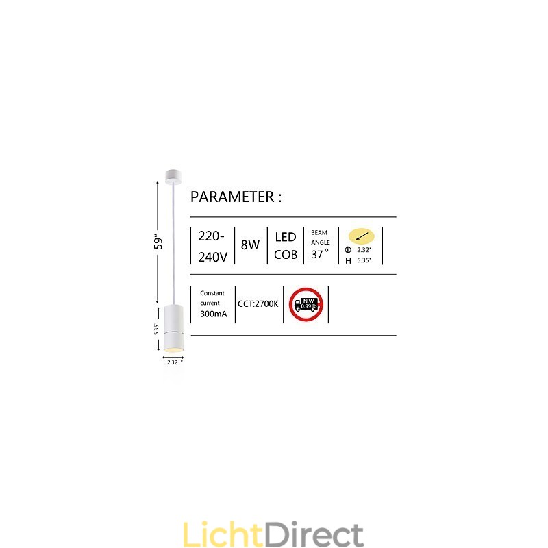 GE 05032 8W 136mm 1-lichts mini hanglamp gepoedercoat wit met aluminium