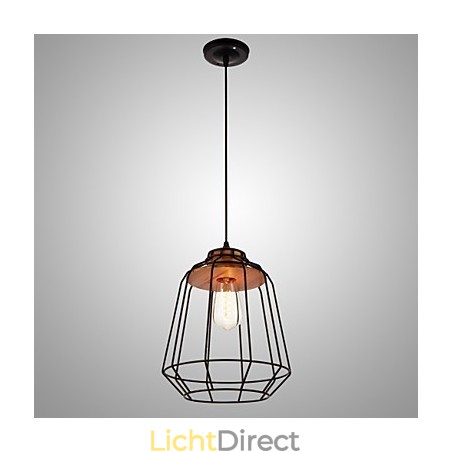 Hanglamp met ijzeren schilderij en houten midden, ijzeren kooiverlichtingslamp Hanglamp met ijzeren schilderij en houten midden, ijzeren kooiverlichtingslamp