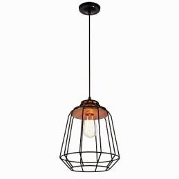 Hanglamp met ijzeren schilderij en houten midden, ijzeren kooiverlichtingslamp