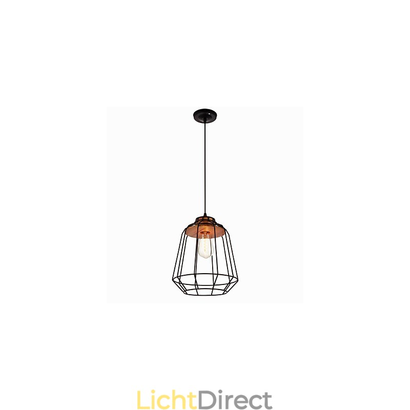 Hanglamp met ijzeren schilderij en houten midden, ijzeren kooiverlichtingslamp