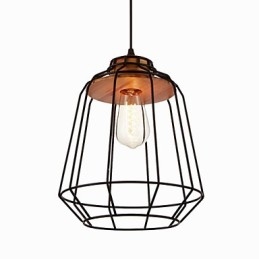 Hanglamp met ijzeren schilderij en houten midden, ijzeren kooiverlichtingslamp