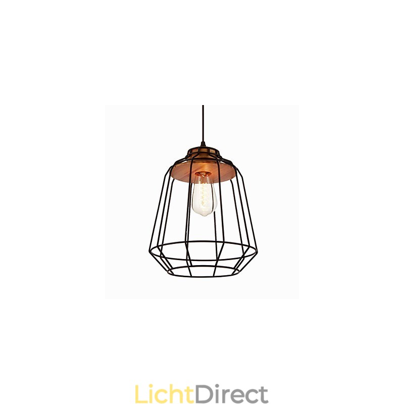 Hanglamp met ijzeren schilderij en houten midden, ijzeren kooiverlichtingslamp