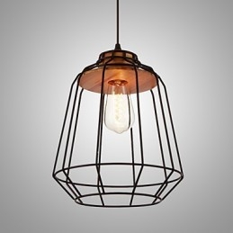 Hanglamp met ijzeren schilderij en houten midden, ijzeren kooiverlichtingslamp