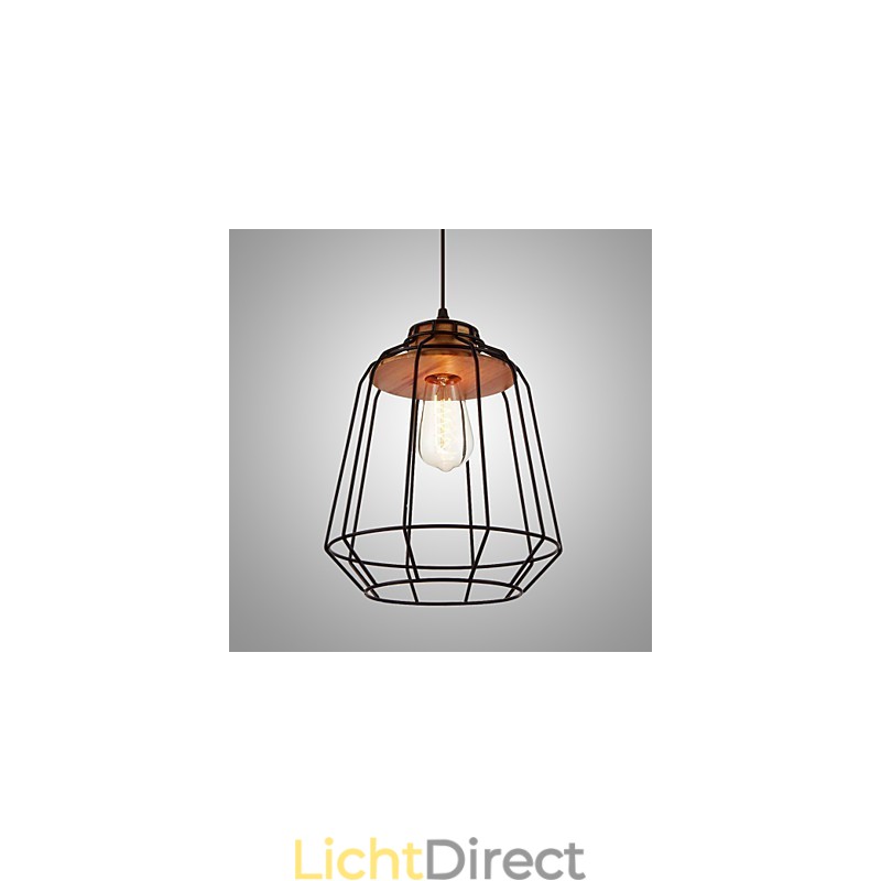 Hanglamp met ijzeren schilderij en houten midden, ijzeren kooiverlichtingslamp