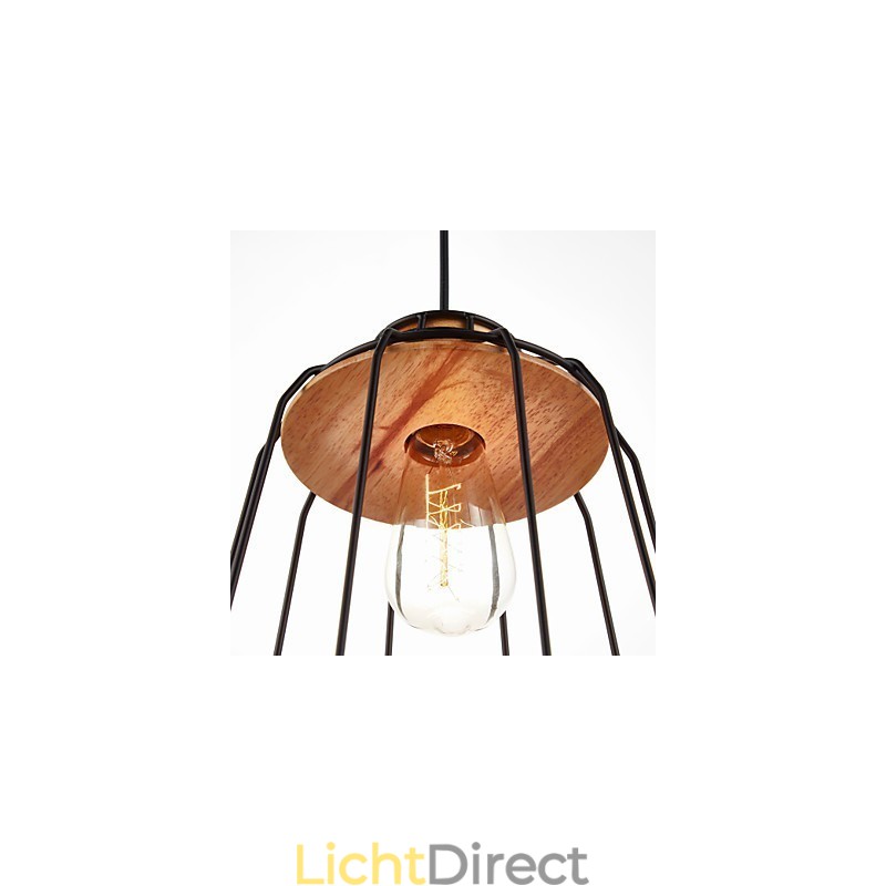 Hanglamp met ijzeren schilderij en houten midden, ijzeren kooiverlichtingslamp