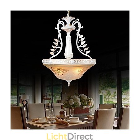Witte hanglamp met drie lampen, patroon, glazen kap, handverguld, Europees retro klassiek Witte hanglamp met drie lampen, patroon, glazen kap, handverguld, Europees retro klassiek
