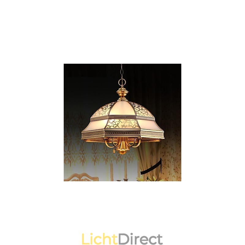 Messing hanglamp zes lampen vintage totaal koper glas