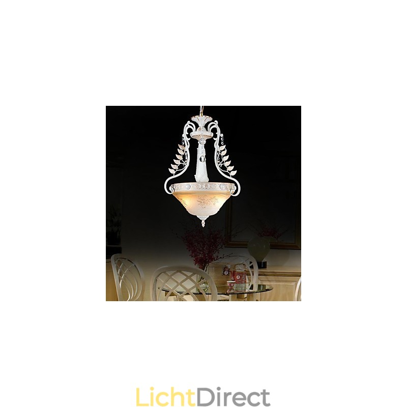 Witte hanglamp met twee lampen, patroon, glazen kap, handverguld, Europees retro klassiek