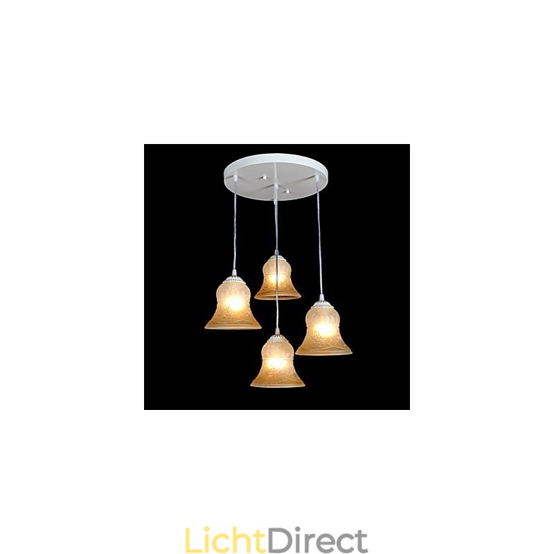Witte hanglamp met vier lampen, patroon, glazen kap, handverguld, Europees retro klassiek