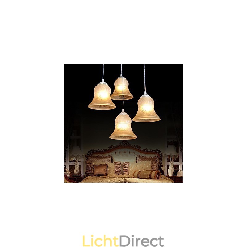 Witte hanglamp met vier lampen, patroon, glazen kap, handverguld, Europees retro klassiek