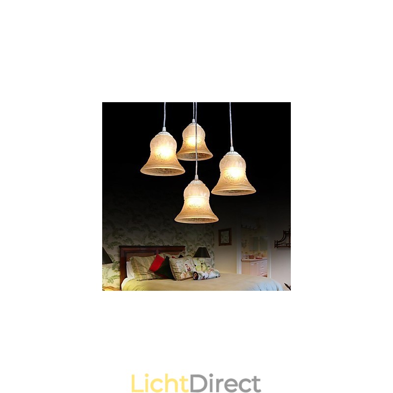 Witte hanglamp met vier lampen, patroon, glazen kap, handverguld, Europees retro klassiek