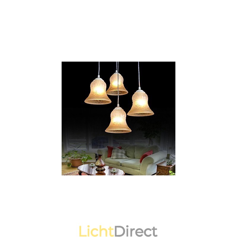 Witte hanglamp met vier lampen, patroon, glazen kap, handverguld, Europees retro klassiek