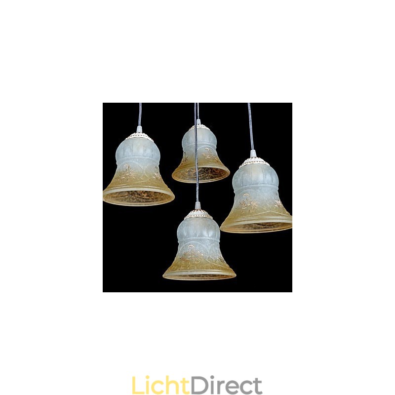 Witte hanglamp met vier lampen, patroon, glazen kap, handverguld, Europees retro klassiek