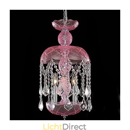 Moderne kristallen hanglamp met 3 lampen in roze kap Moderne kristallen hanglamp met 3 lampen in roze kap