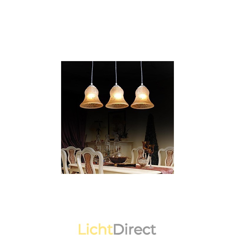 Witte hanglamp met drie lampen, patroon, glazen kap, handverguld, Europees retro klassiek