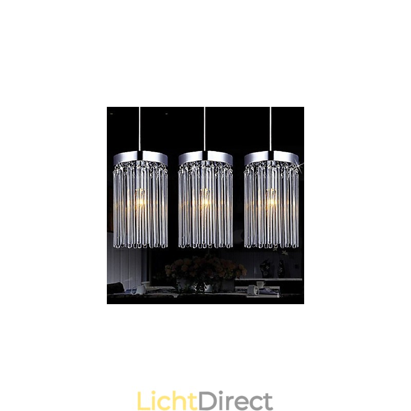 Moderne hanglamp met 3 lampen en glazen staaf