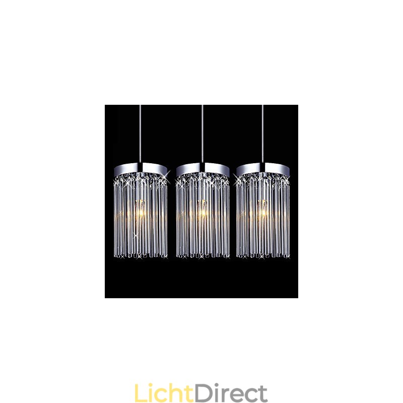 Moderne hanglamp met 3 lampen en glazen staaf