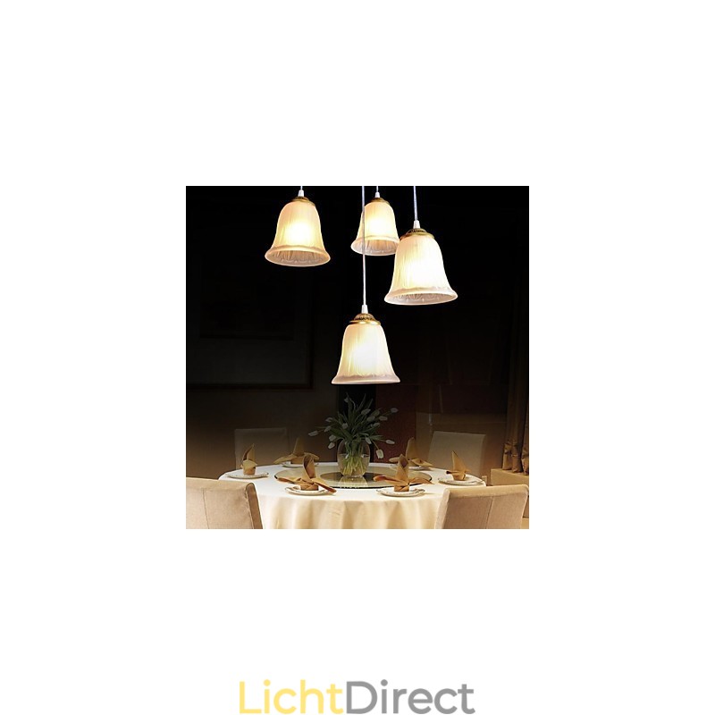 Bronzen hanglamp met vier lampen, patroon, glazen kap, Europees retro klassiek