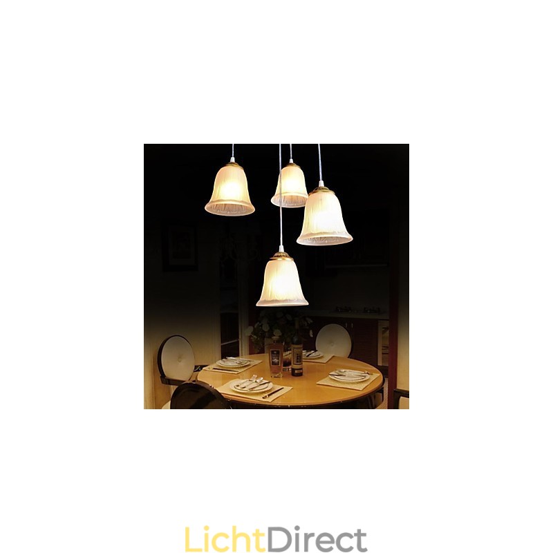 Bronzen hanglamp met vier lampen, patroon, glazen kap, Europees retro klassiek