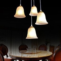 Bronzen hanglamp met vier lampen, patroon, glazen kap, Europees retro klassiek
