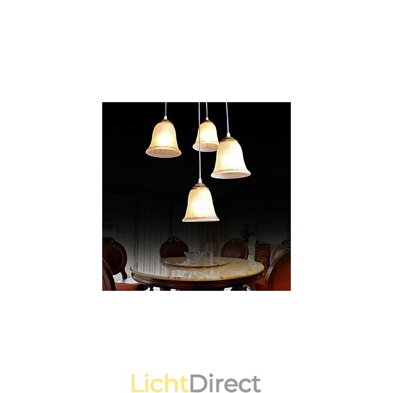 Bronzen hanglamp met vier lampen, patroon, glazen kap, Europees retro klassiek