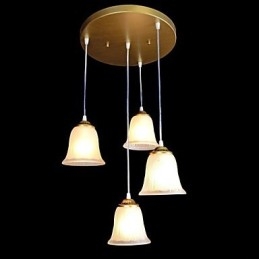 Bronzen hanglamp met vier lampen, patroon, glazen kap, Europees retro klassiek