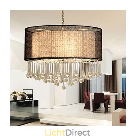 Moderne kristallen hanglamp met 4 lampen en zwarte kap Moderne kristallen hanglamp met 4 lampen en zwarte kap