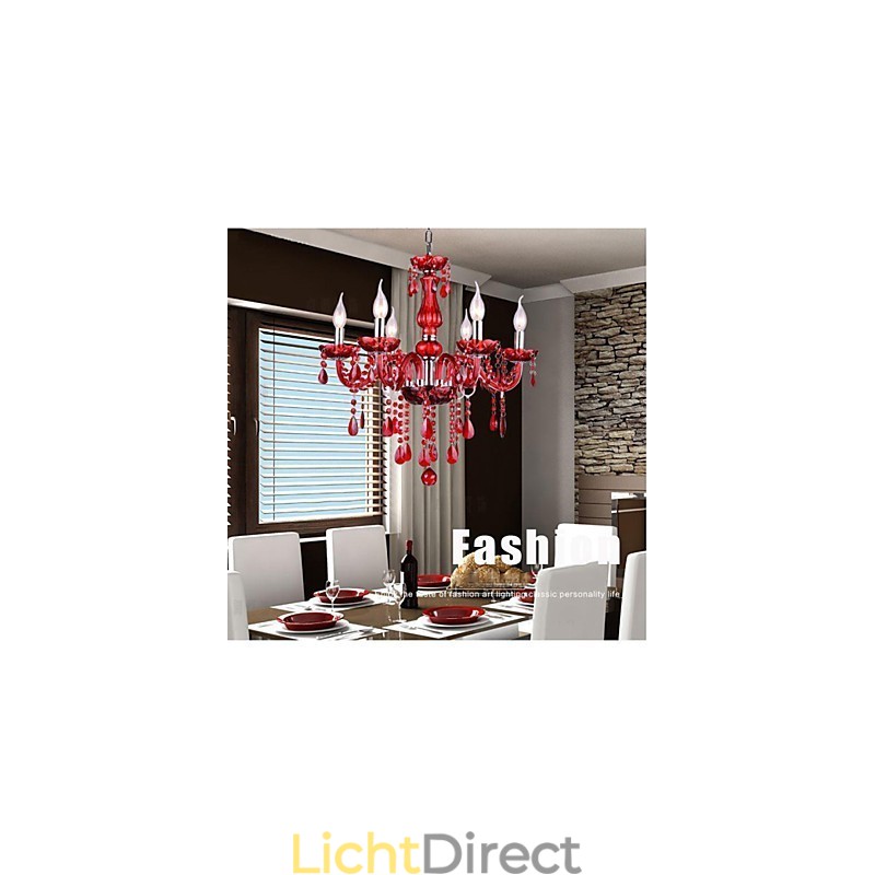 Kroonluchter Rood Kristal Luxe Modern 6 Lampen