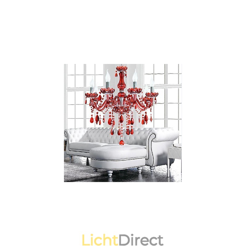 Kroonluchter Rood Kristal Luxe Modern 6 Lampen