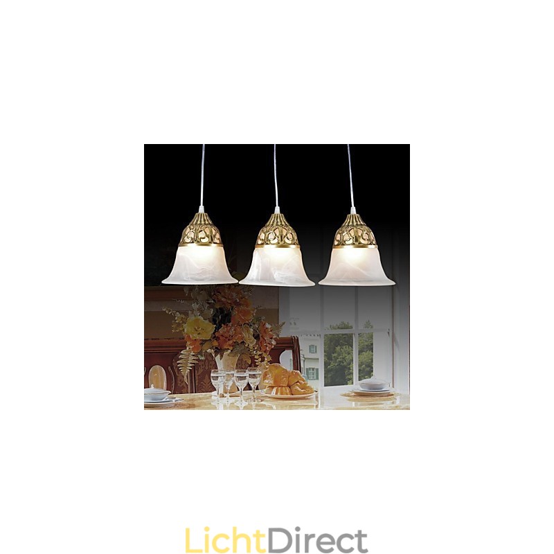 Bronzen hanglamp drie lampen moiré glas Europees klassiek