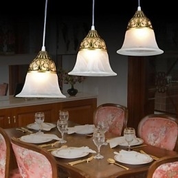 Bronzen hanglamp drie lampen moiré glas Europees klassiek