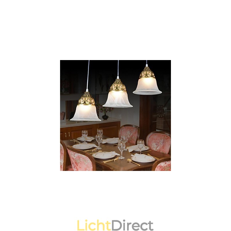 Bronzen hanglamp drie lampen moiré glas Europees klassiek