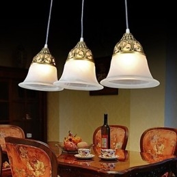 Bronzen hanglamp drie lampen moiré glas Europees klassiek