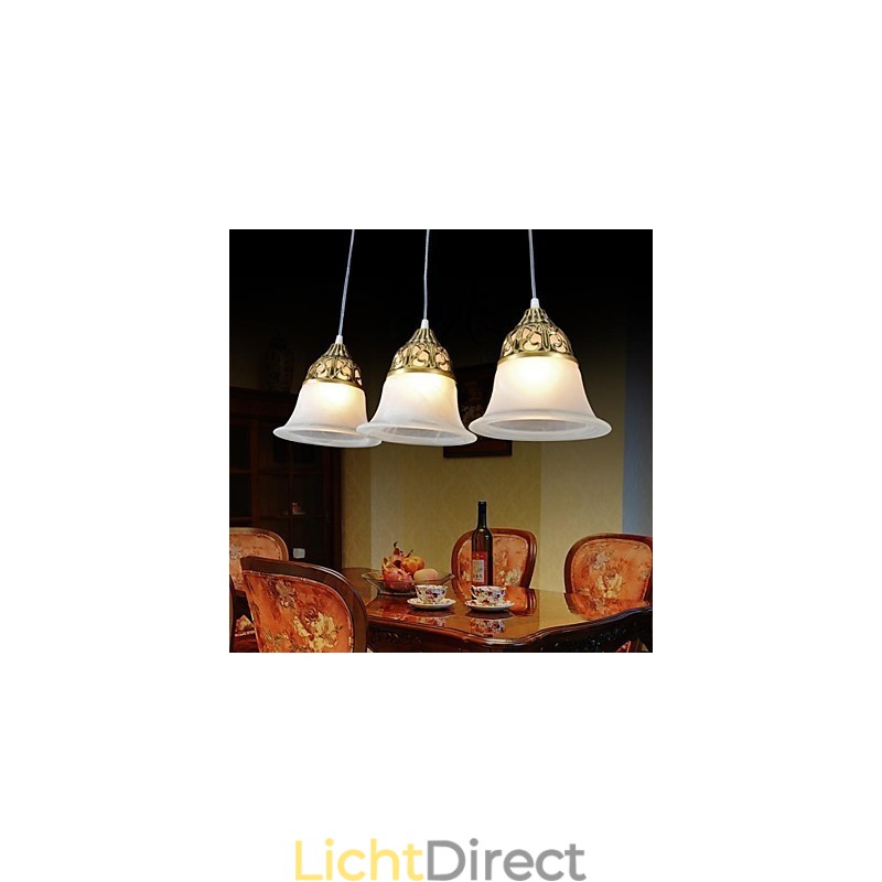Bronzen hanglamp drie lampen moiré glas Europees klassiek