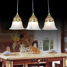Bronzen hanglamp drie lampen moiré glas Europees klassiek