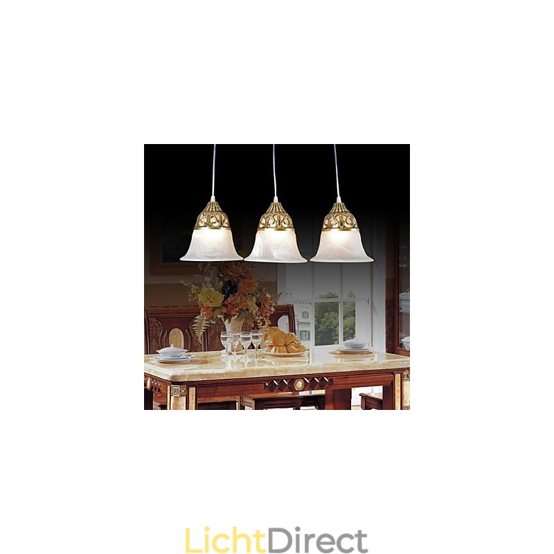 Bronzen hanglamp drie lampen moiré glas Europees klassiek