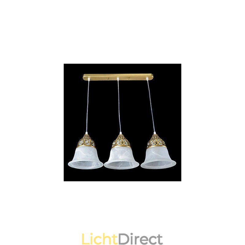 Bronzen hanglamp drie lampen moiré glas Europees klassiek