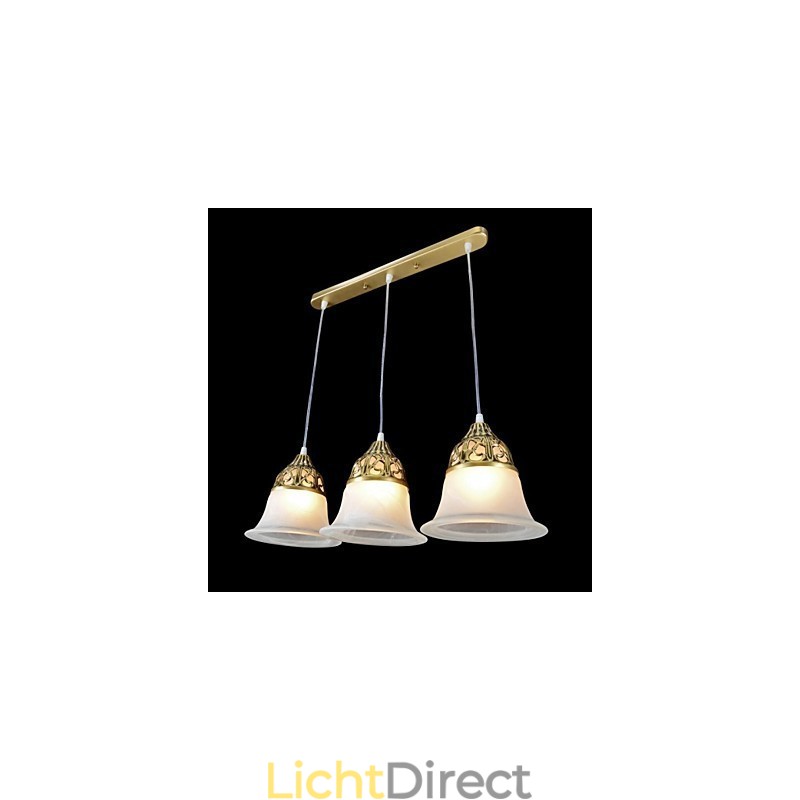 Bronzen hanglamp drie lampen moiré glas Europees klassiek