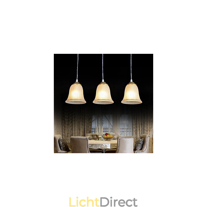 Bronzen hanglamp met drie lampen, patroon, glazen kap, Europees, retro, klassiek