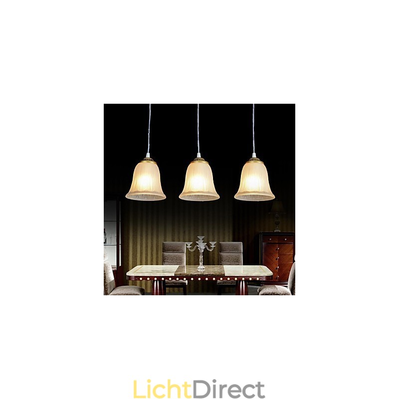 Bronzen hanglamp met drie lampen, patroon, glazen kap, Europees, retro, klassiek