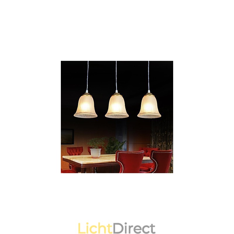 Bronzen hanglamp met drie lampen, patroon, glazen kap, Europees, retro, klassiek