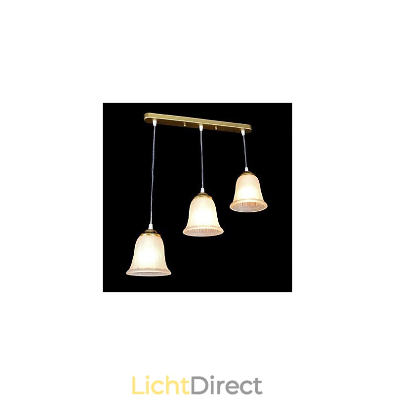 Bronzen hanglamp met drie lampen, patroon, glazen kap, Europees, retro, klassiek