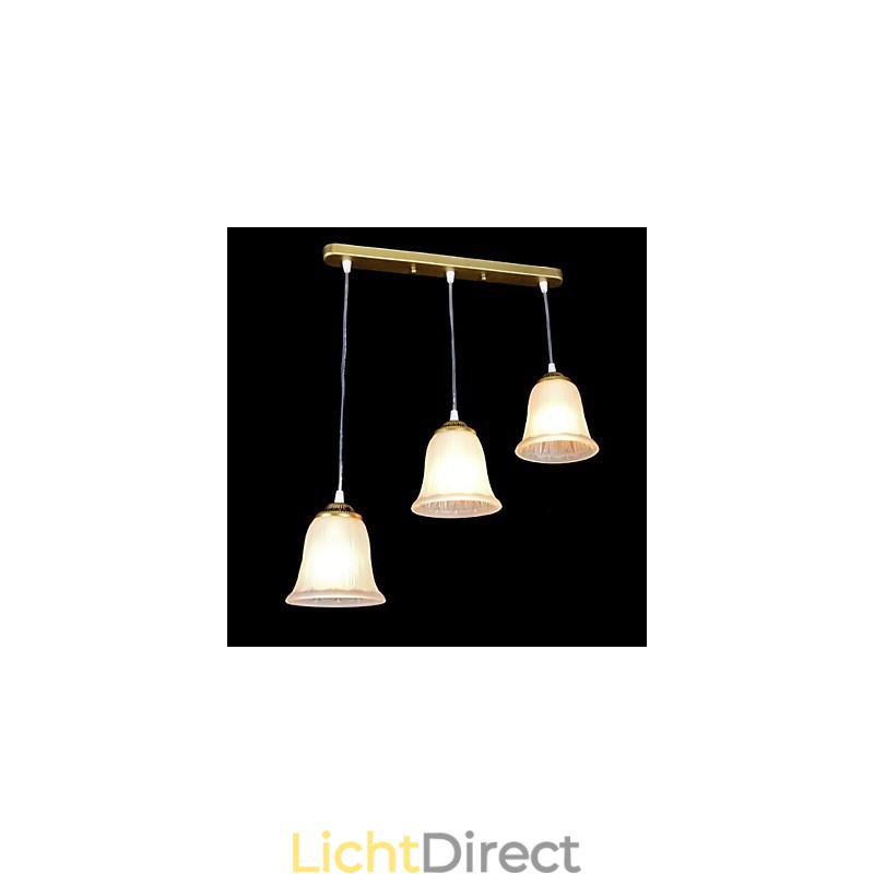 Bronzen hanglamp met drie lampen, patroon, glazen kap, Europees, retro, klassiek