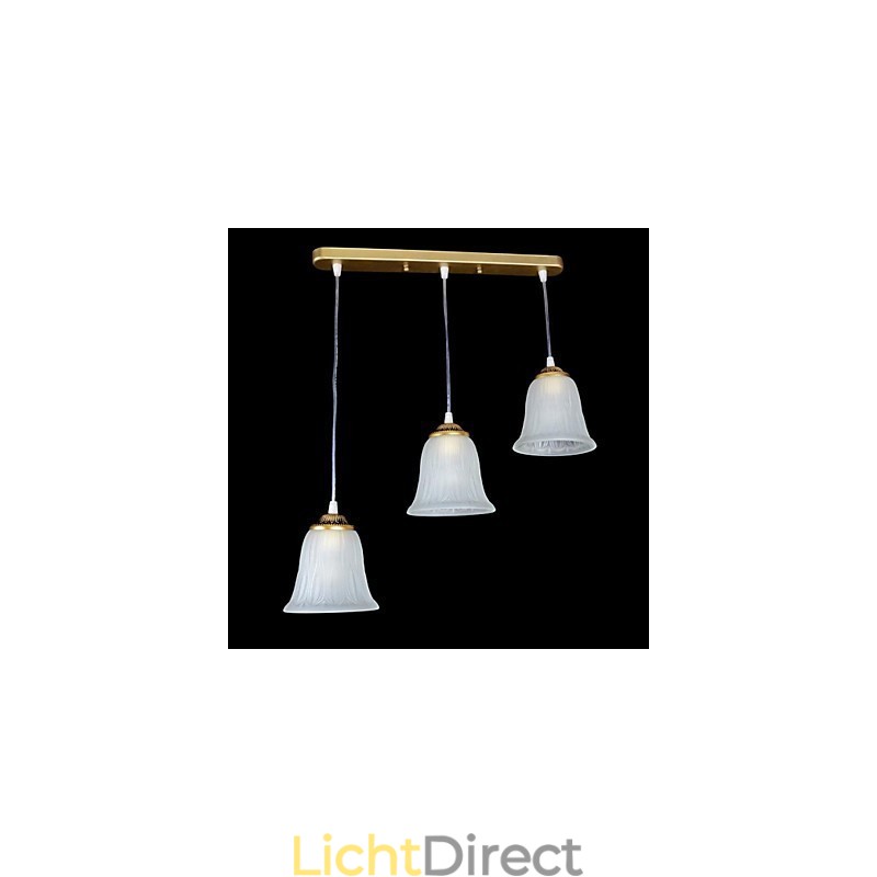 Bronzen hanglamp met drie lampen, patroon, glazen kap, Europees, retro, klassiek